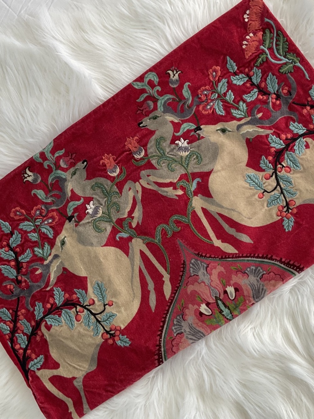 Pottery Barn Fairytale Reindeer Deer Stag Velvet Embroidered Lumbar Pillow Cover
